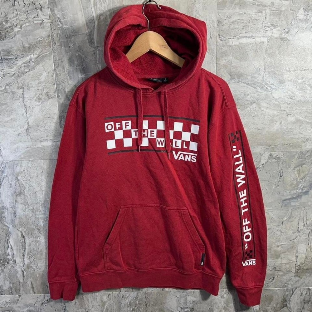 Vans Off The Wall Mens Hoodie Sweatshirt Red Sz S Logo Spell Out Y2K‎ sleeve hit